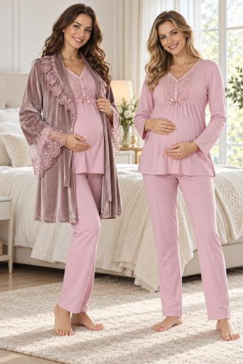 Effortt 8088P Kadife Sabahlıklı Dantelli Lohusa Pijama Takımı